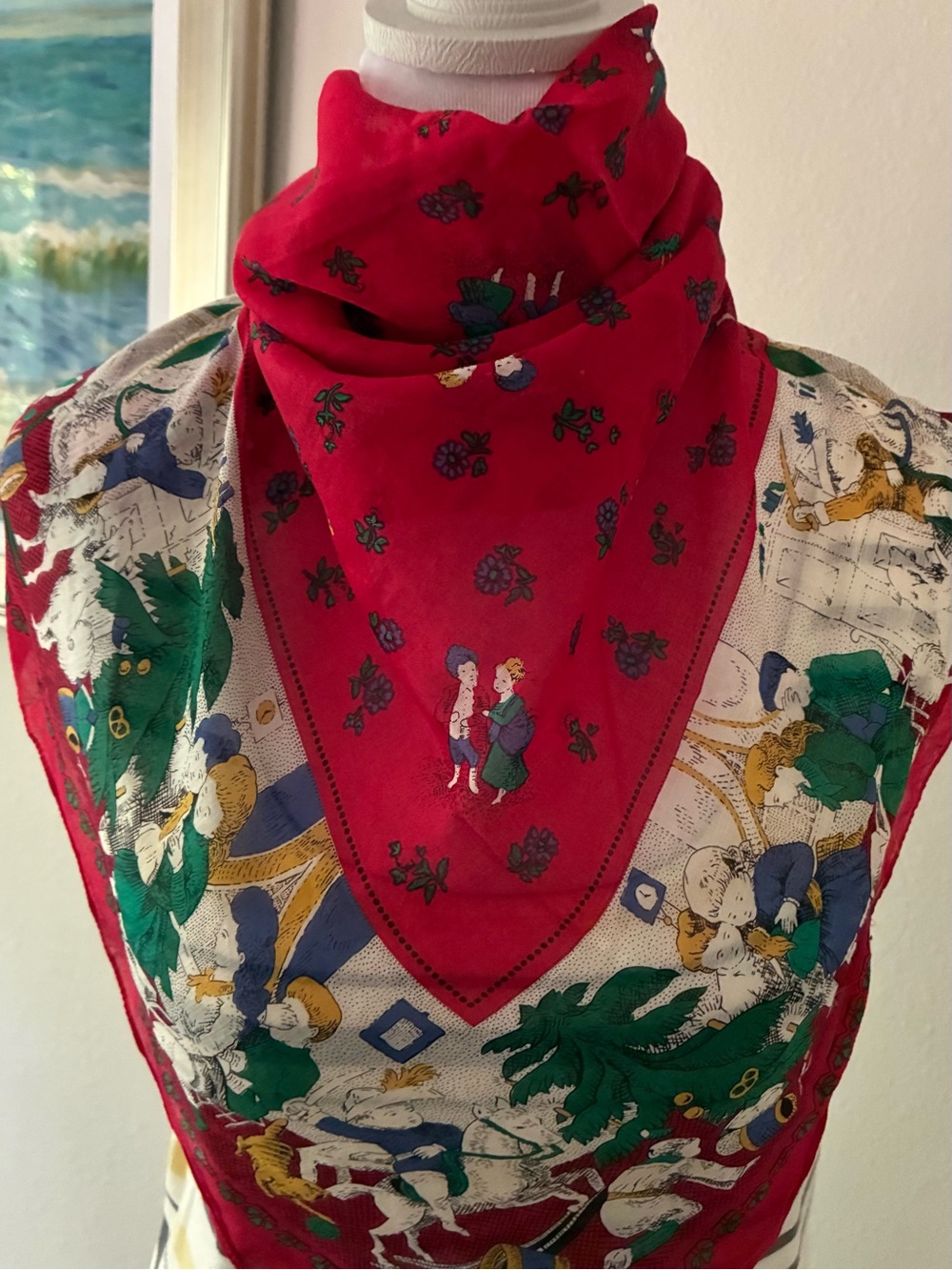 Anne Marie French Provençal Cotton 34” Scarf Holiday Christmas Scene Vintage